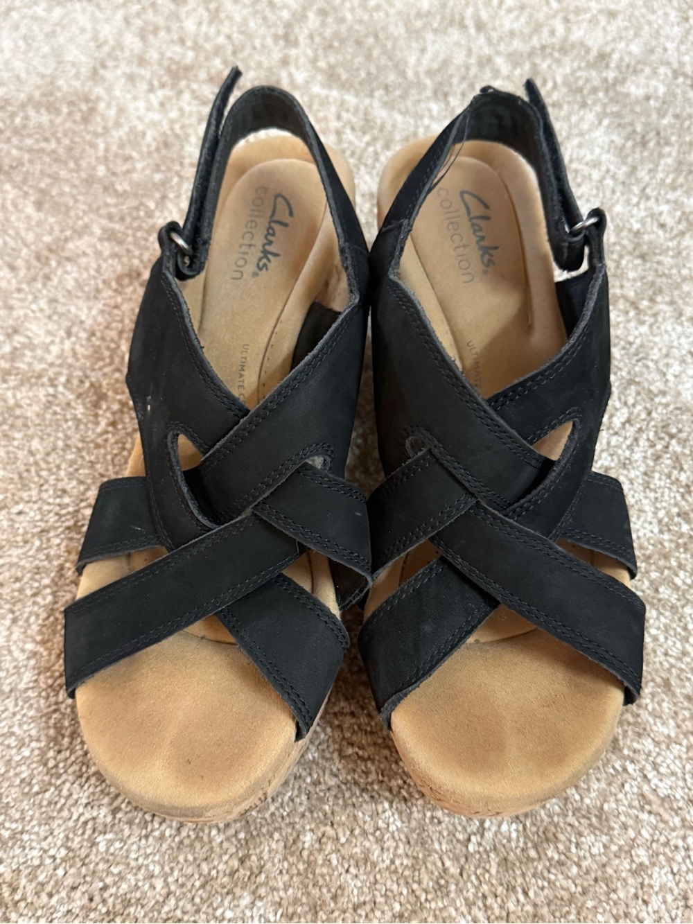 Clarks Black Leather Crisscross Wedge Sandals